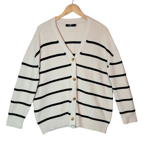 Lillusory Black & Cream Stripe Cardigan Sweater Button Down Relaxed Loose Fit S - Picture 14 of 14